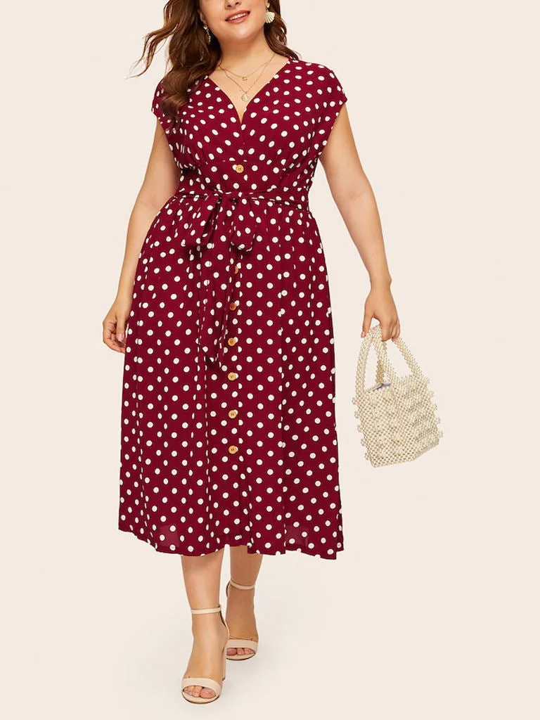 Women's Sleeveless V-neck Graphic Polka Dot Midi Dress