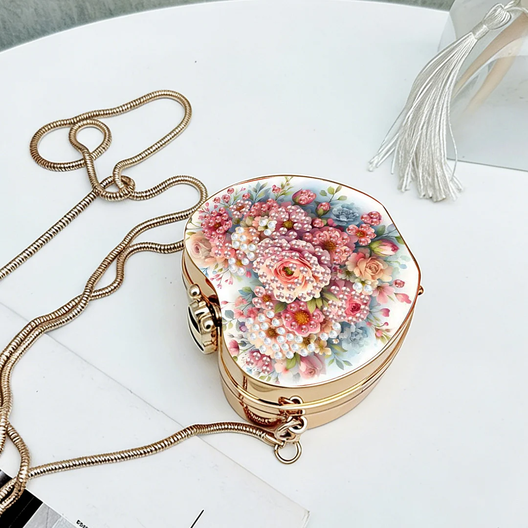 Flowers DIY Acrylic Love Diamond Art Painting Card Case Wallet with Chain Small Diamond Painting Crossbody Bag for Adults Women Girls Gift