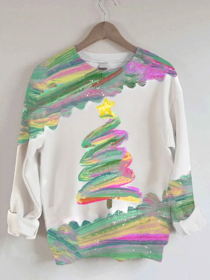 Women's Oil Painting Christmas Tree Print Sweatshirt