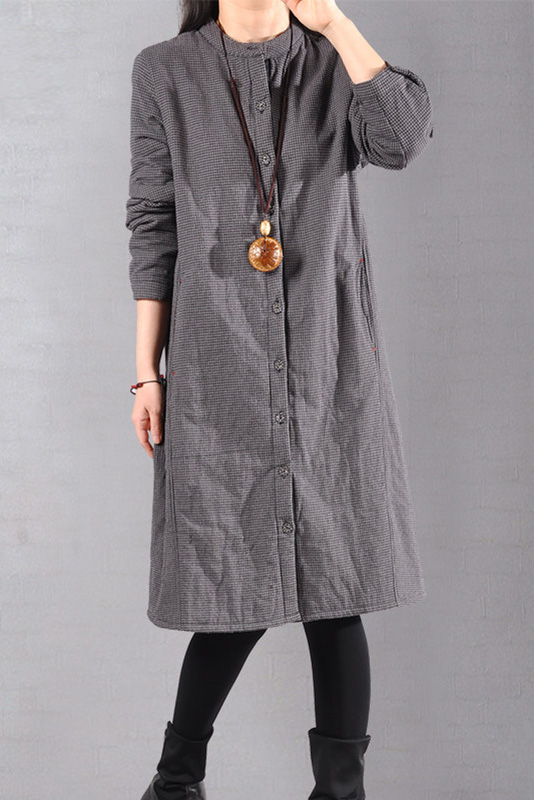 Plus Size Plaid Cotton Coat Long Quilted Stand-collar Coat