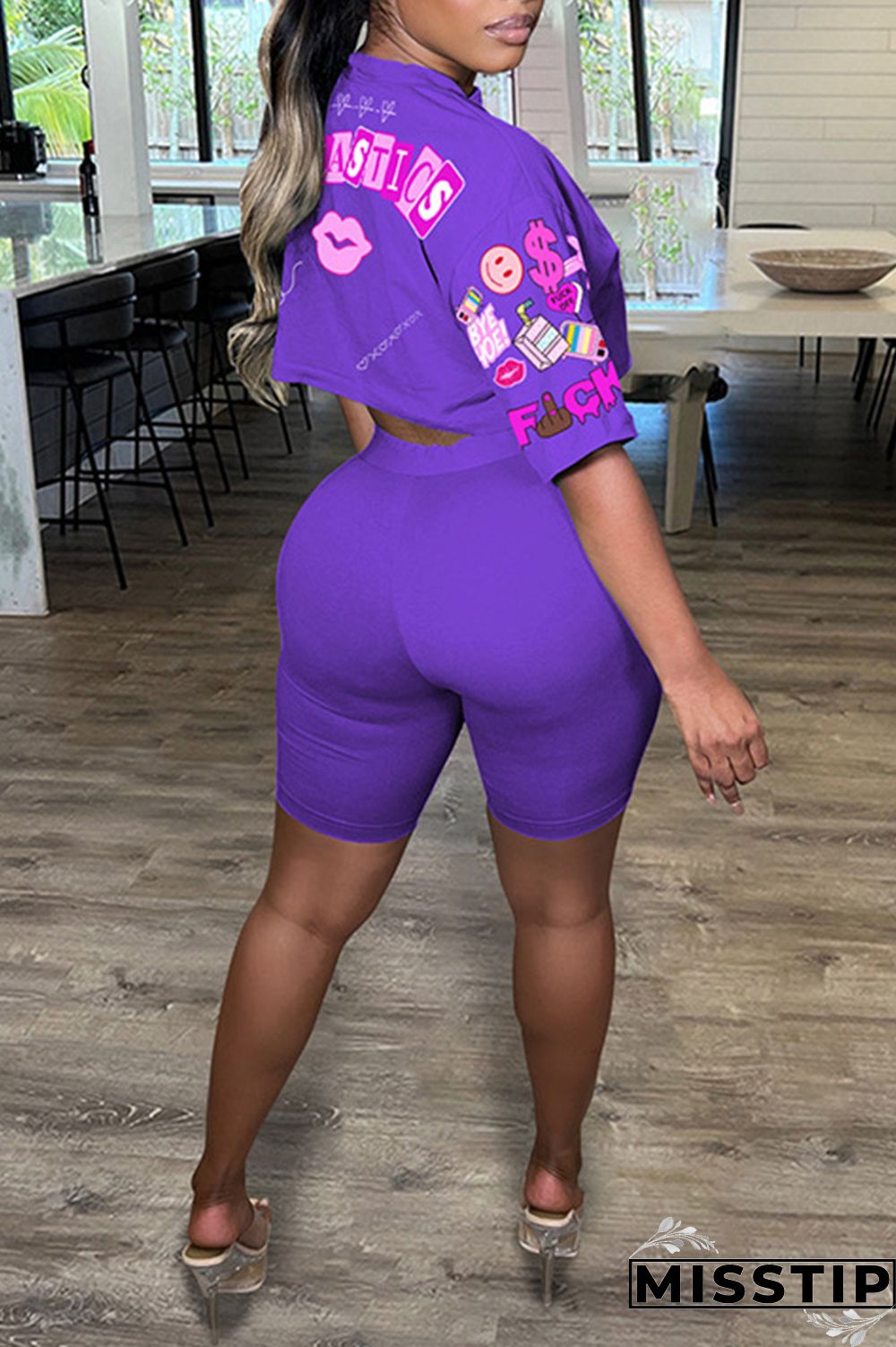 White Casual Print Basic O Neck Half Sleeve Two Pieces