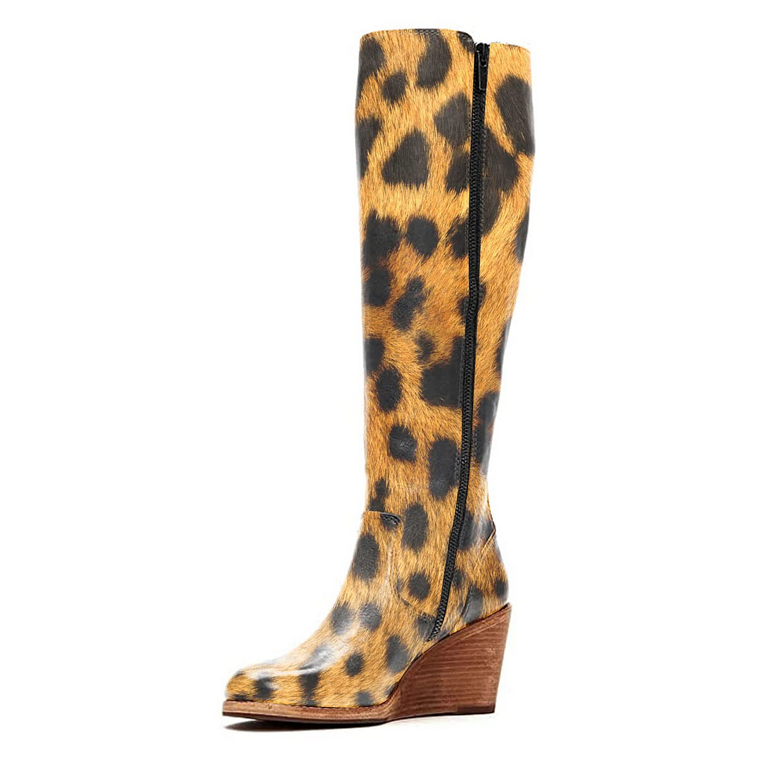 Yellow Leopard Leather Pointed Toe Boots Zipper Wedge Heels Nicepairs