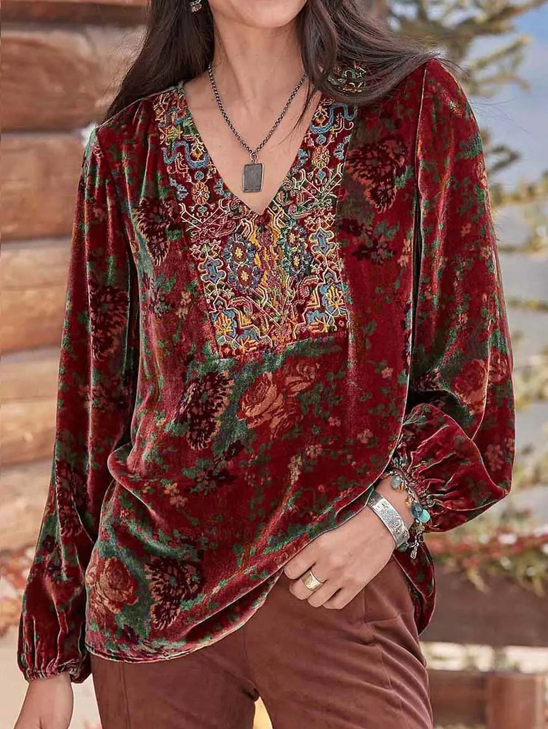 V Neck Peasant Sleeve Vintage Splicing Velvet Blouse