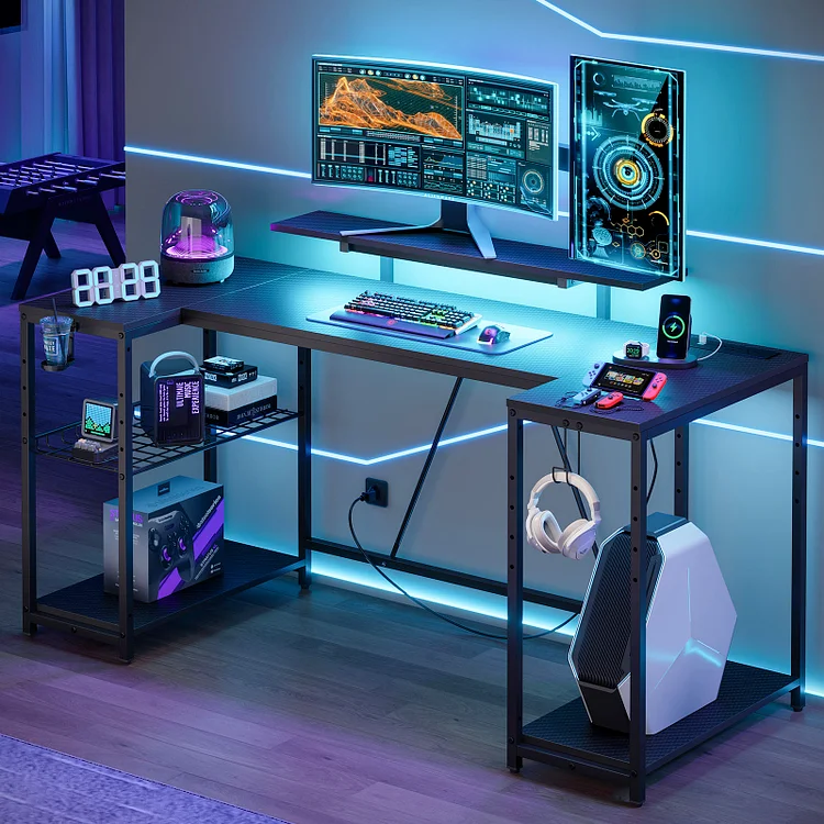Bestier 63 inch Gaming Desk with LED Lights, Computer Desk with Outlets & Monitor Stand