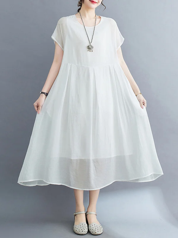 Split-Joint Solid Color Short Sleeves Loose Round-neck Midi Dresses