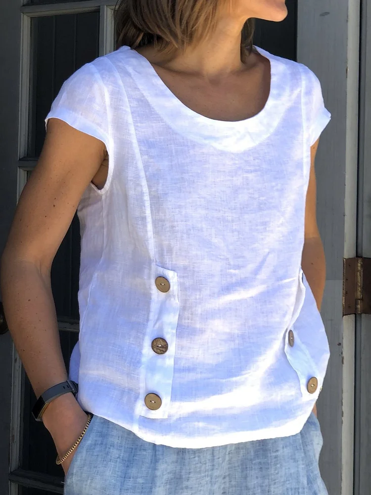 Buttoned Cotton Short Sleeve Casual Tops