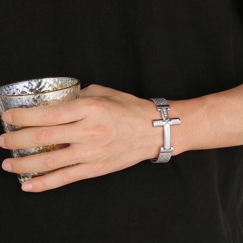Retro Punk Cross Solid Color Titanium Steel Inlay Zircon 18K Gold Plated Men’S Bracelets