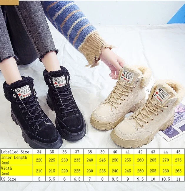 fujin women snow boots beige plush warm fur causal boots shoes sneakers ankle booties platform thick sole lace up winter shoes