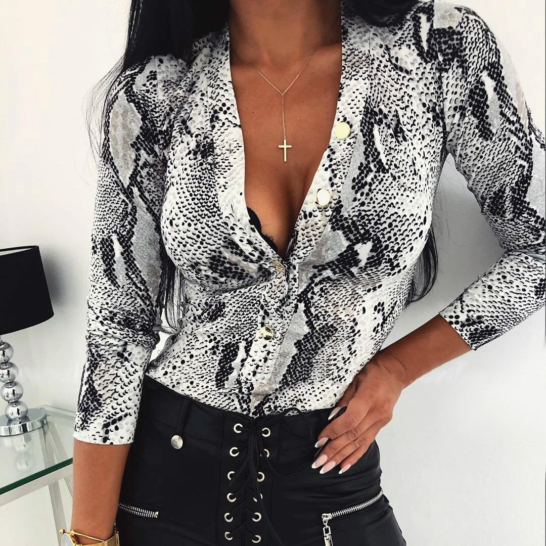 2020 Fashion Women V Neck Leopard Bodysuit Long Sleeve Leotard Tops Spring Fall Retro Sexy Bodysuits Jumpsuit Shirts Body Femme
