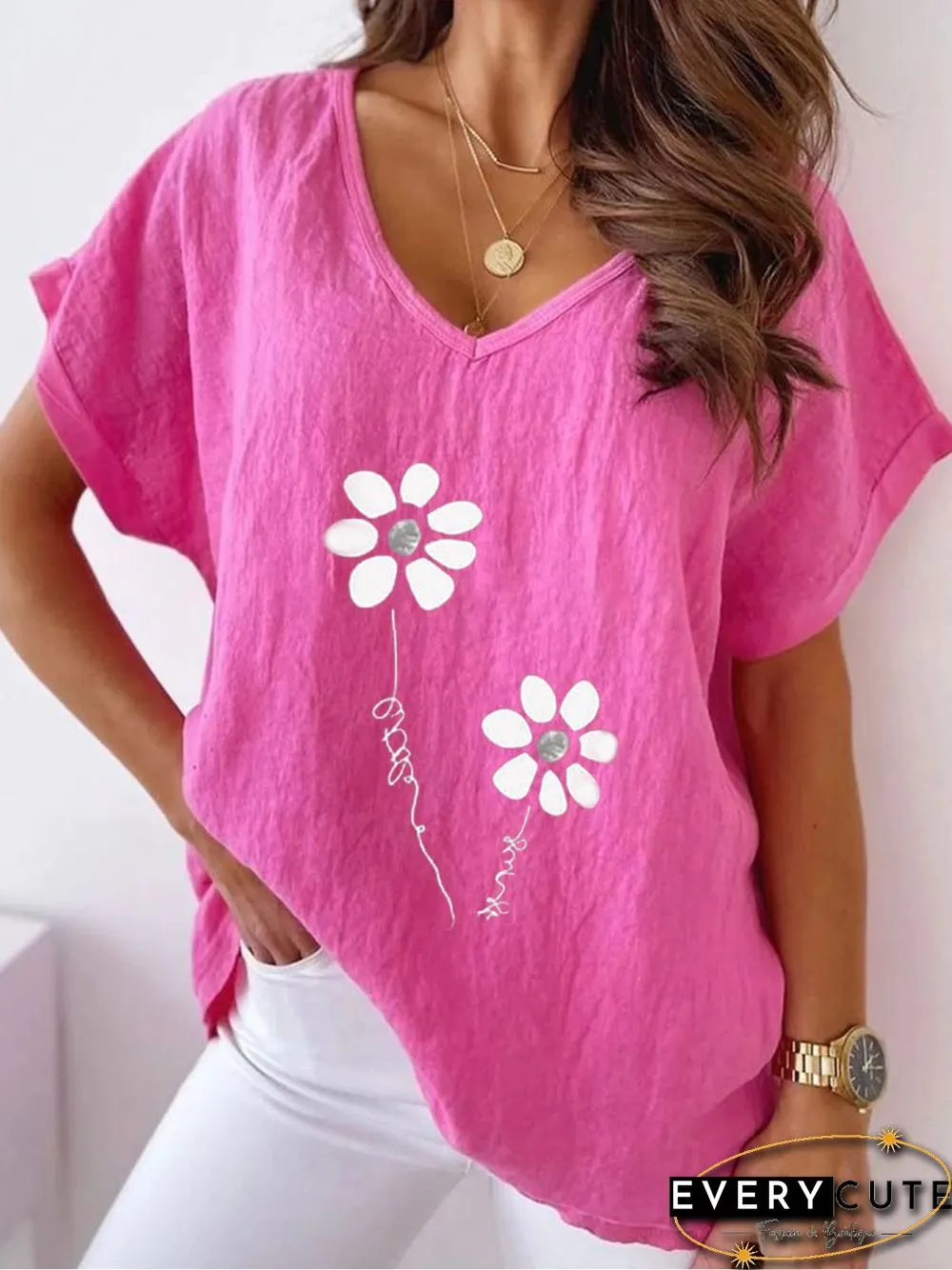 Casual Floral V Neck Loosen Short Sleeve Tops