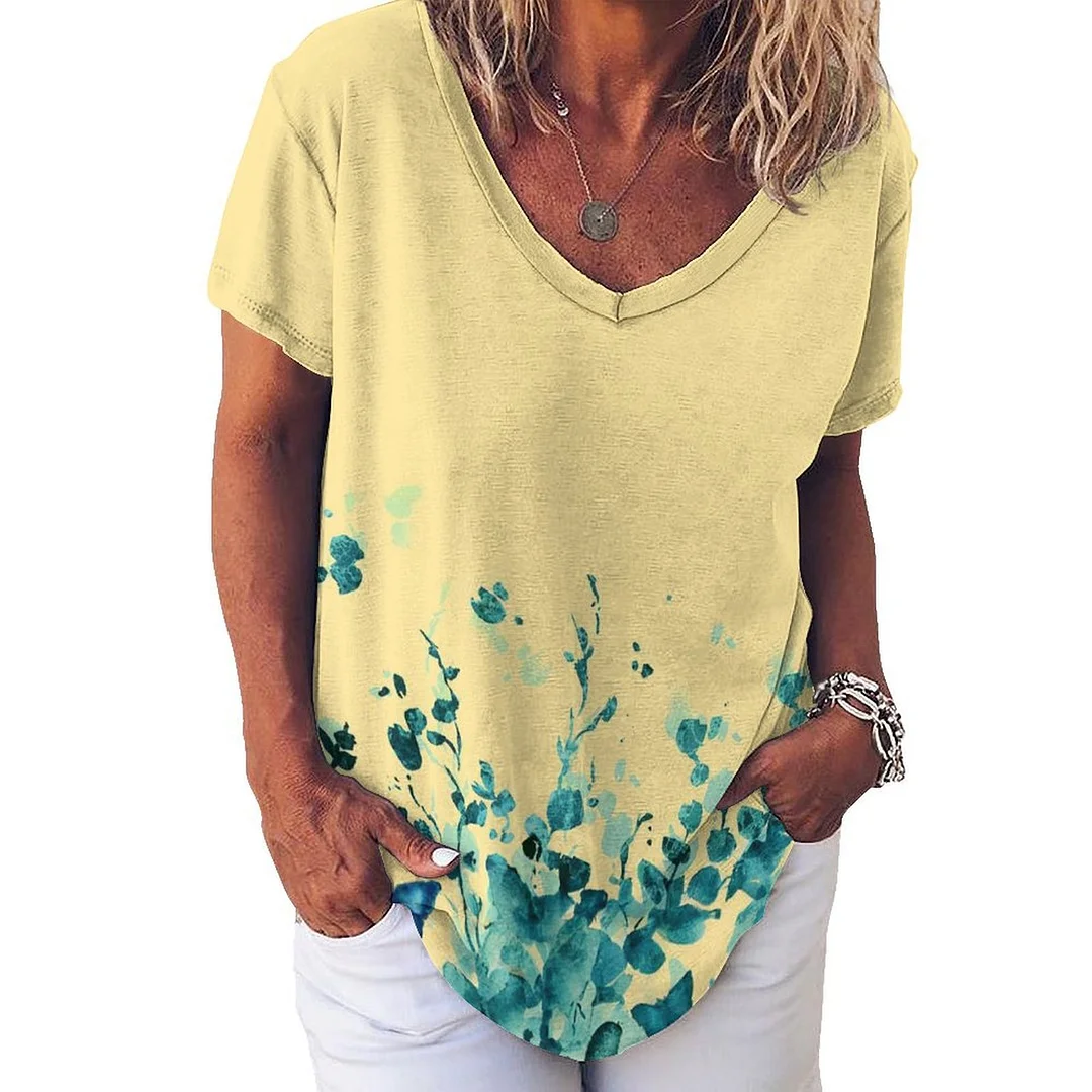 V-neck Short Sleeve Casual T-shirt for  Women Printed with Pattern Blue, Yellow, Floral