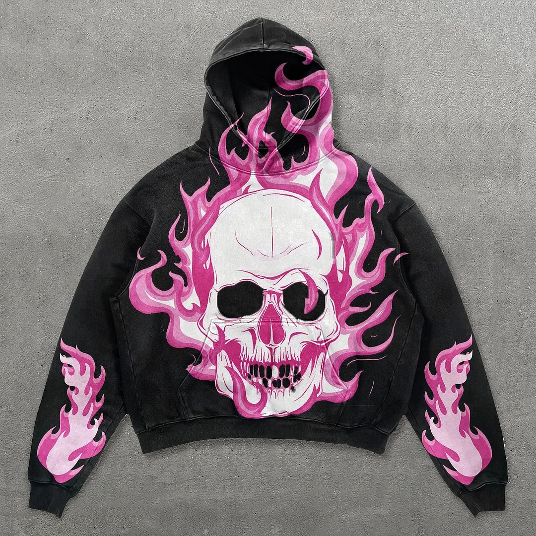 Skull Head Flame Print Long Sleeve Hoodie