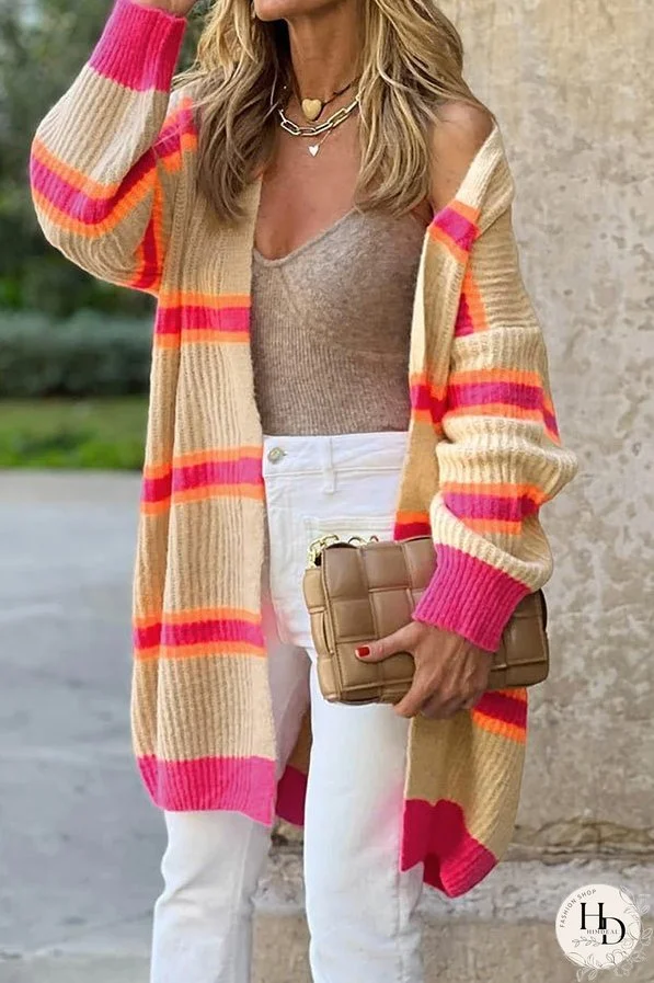 Striped Colorblock Rib Knit Drop Sleeve Long Cardigan