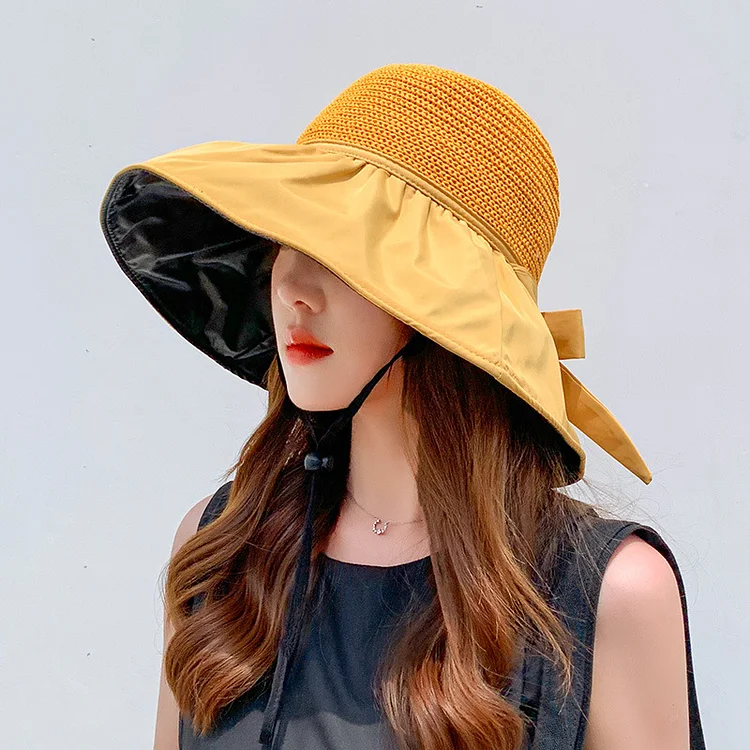 Hollow Straw Hat Splicing Big Eaves Bow Sun-Protection Fisherman Hat