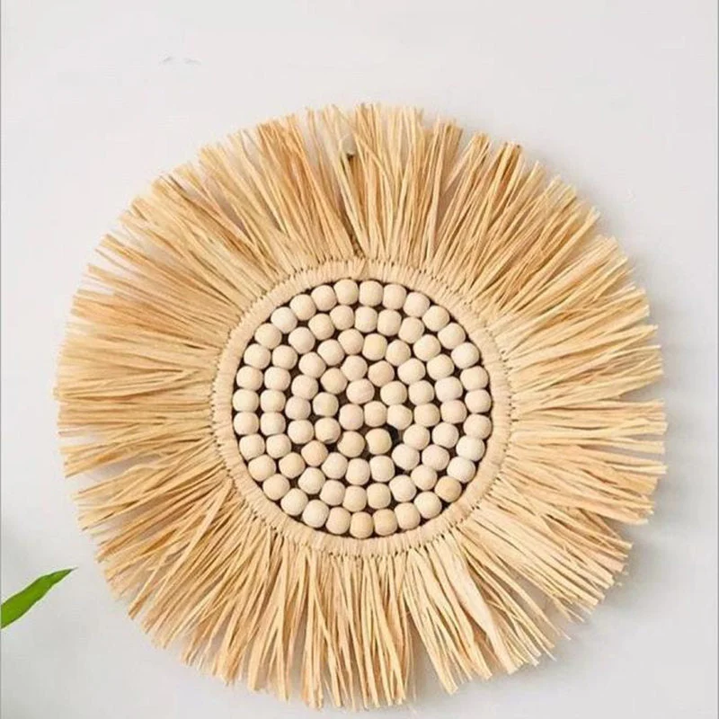 INS Moroccan Wood Bead Straw Woven Mirror Wall Ornaments Living Room Background Bedroom Mirrors Boho Homestay Home Decor Crafts