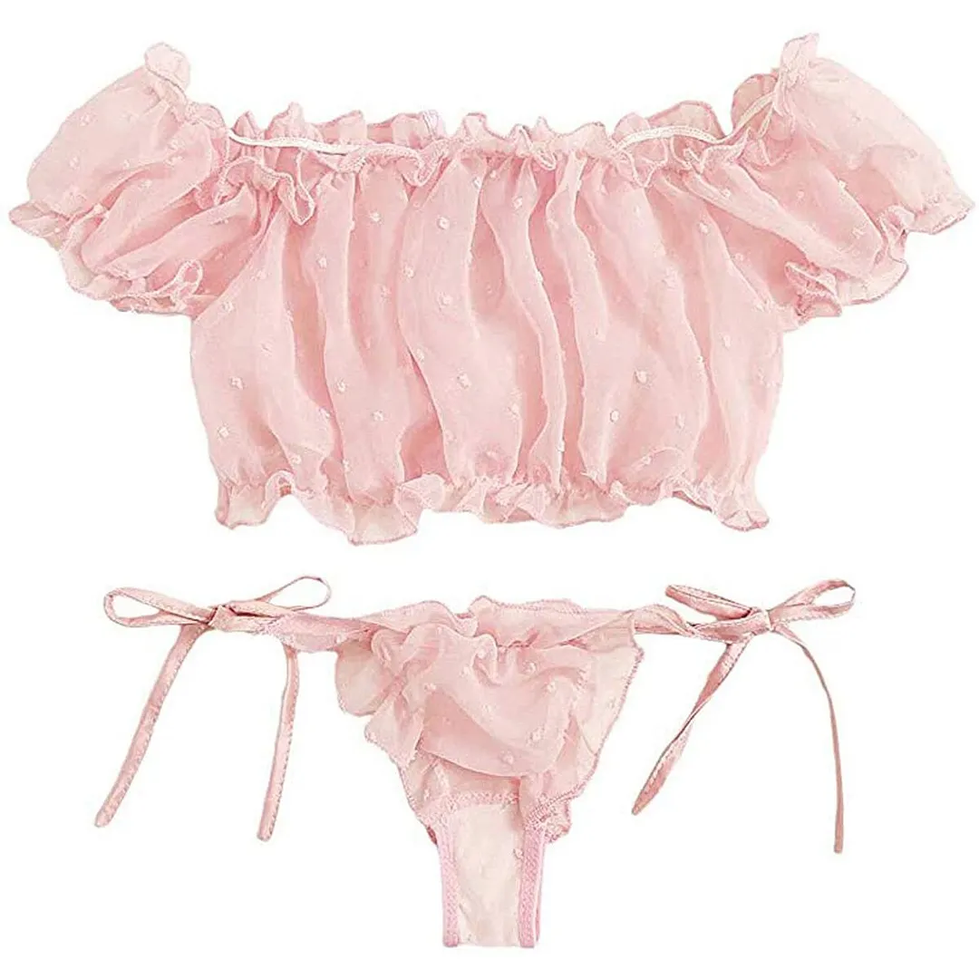 Billionm Porno Women Sexy Lingerie Nightwear Two Pieces Set Sexy Off Shoulder Ruffle Trim Lingerie Set Bra Panty