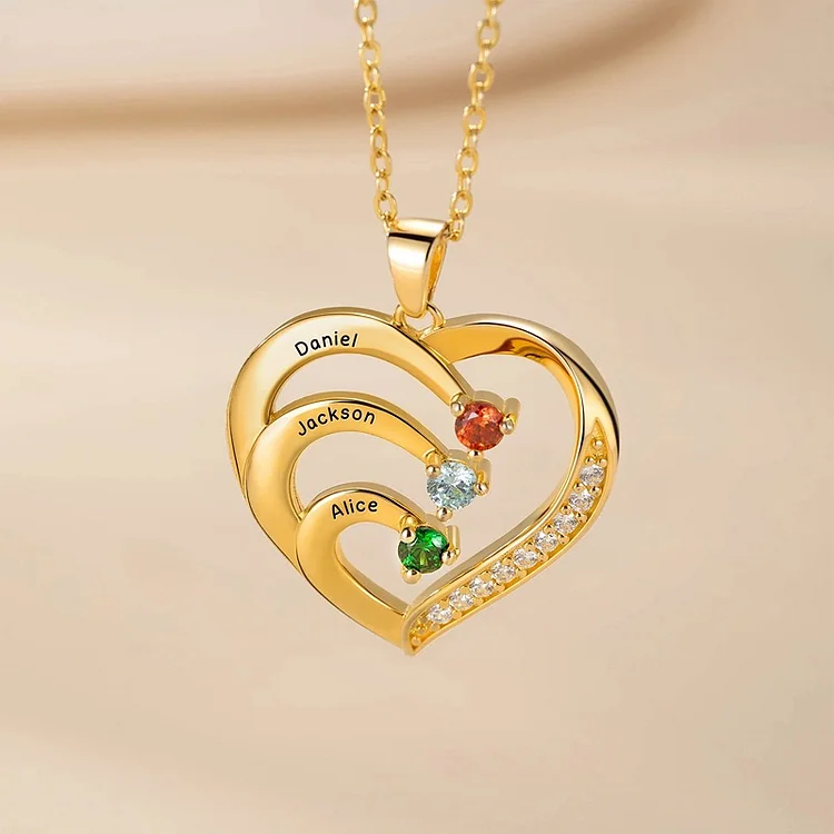 Personalized Family Heart Pendant Necklace with 1-6 Engraved Names and Birthstones Mother's Day Birthday Gift for Mom Grandma