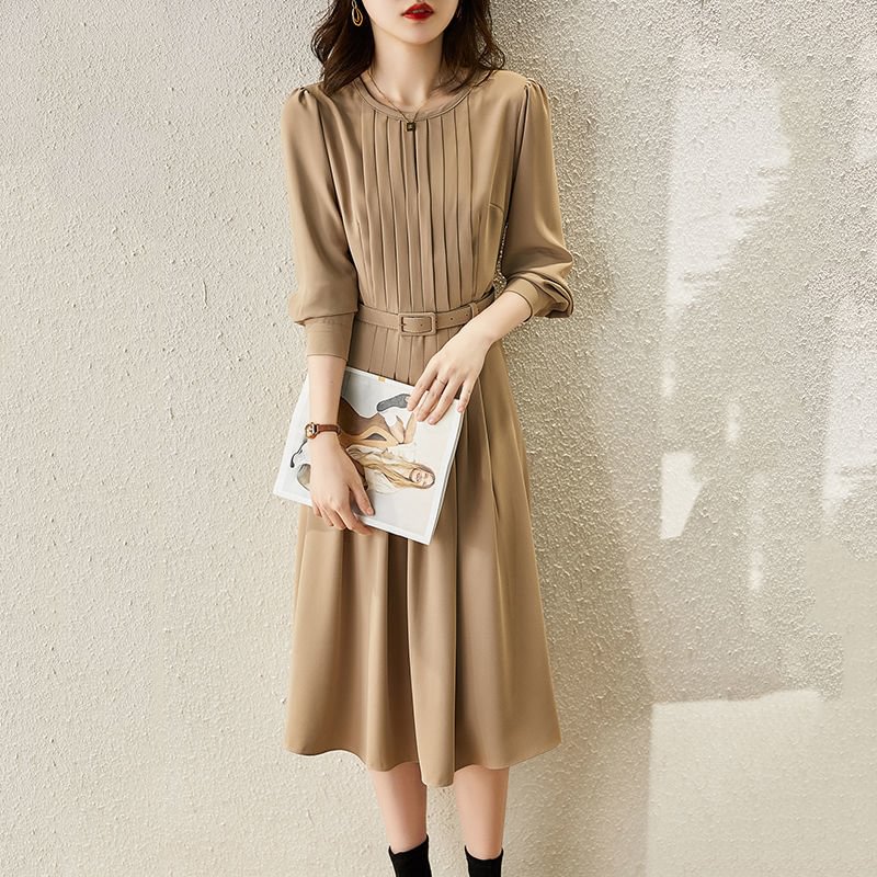 美人度アップ 無地 ハイウエスト ギャザー飾り プルオーバー ラウンドネック 長袖 ロングワンピース