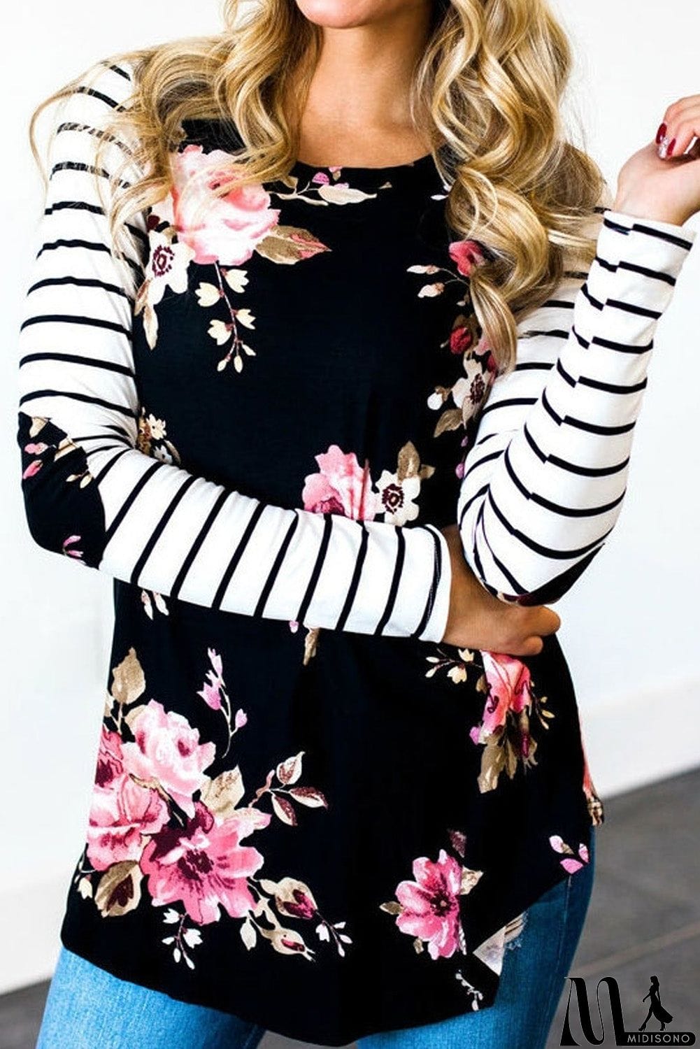 MidiSono - Floral Striped Elbow Patch Baseball Long Sleeve Top