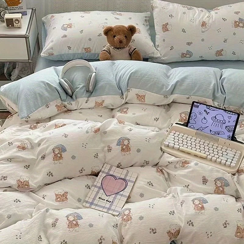 Aonga Kawaii Bedding Set for Kids Ins Twin Queen Size Duvet Cover Flat Sheet Pillowcase No Filler Girls Boys Home Totel Bed Linens aonga