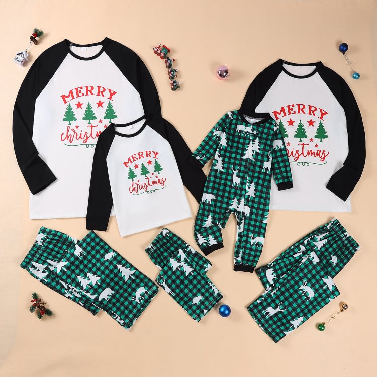 Christmas Tree Elk Print Forest Green Family Matching Pajamas Sets