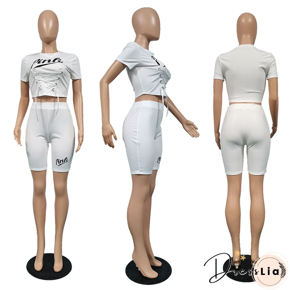 Sportswear Short Sleeve Crop Tops Biker Shorts Set