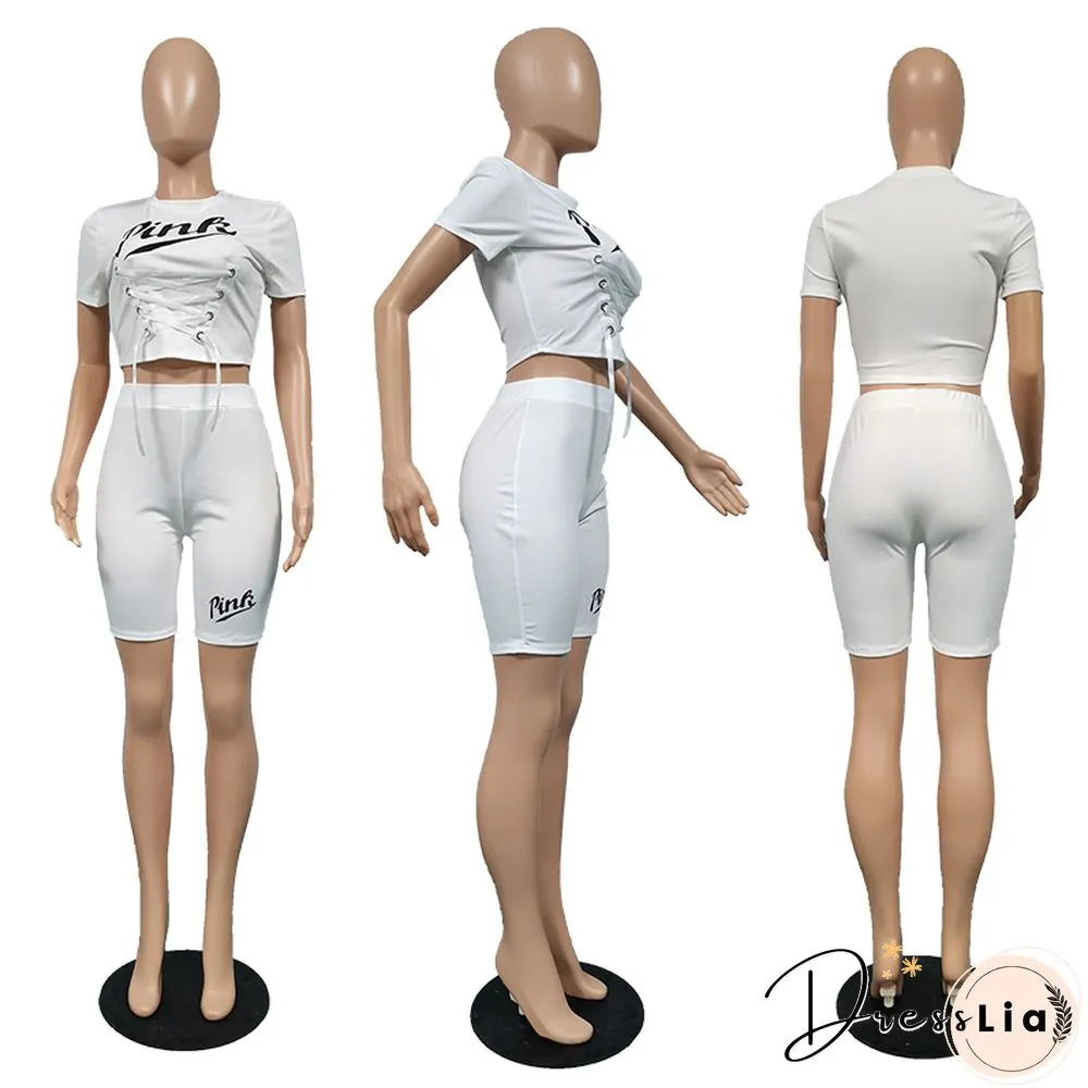 Sportswear Short Sleeve Crop Tops Biker Shorts Set