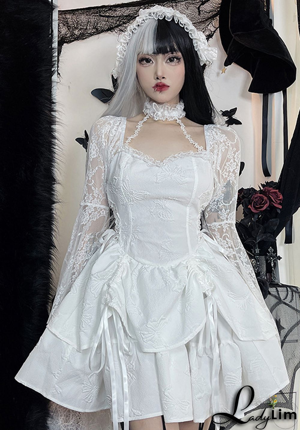 Fall Halter Neck Double Butterfly Lace Long Sleeve A-Line Swing Dress