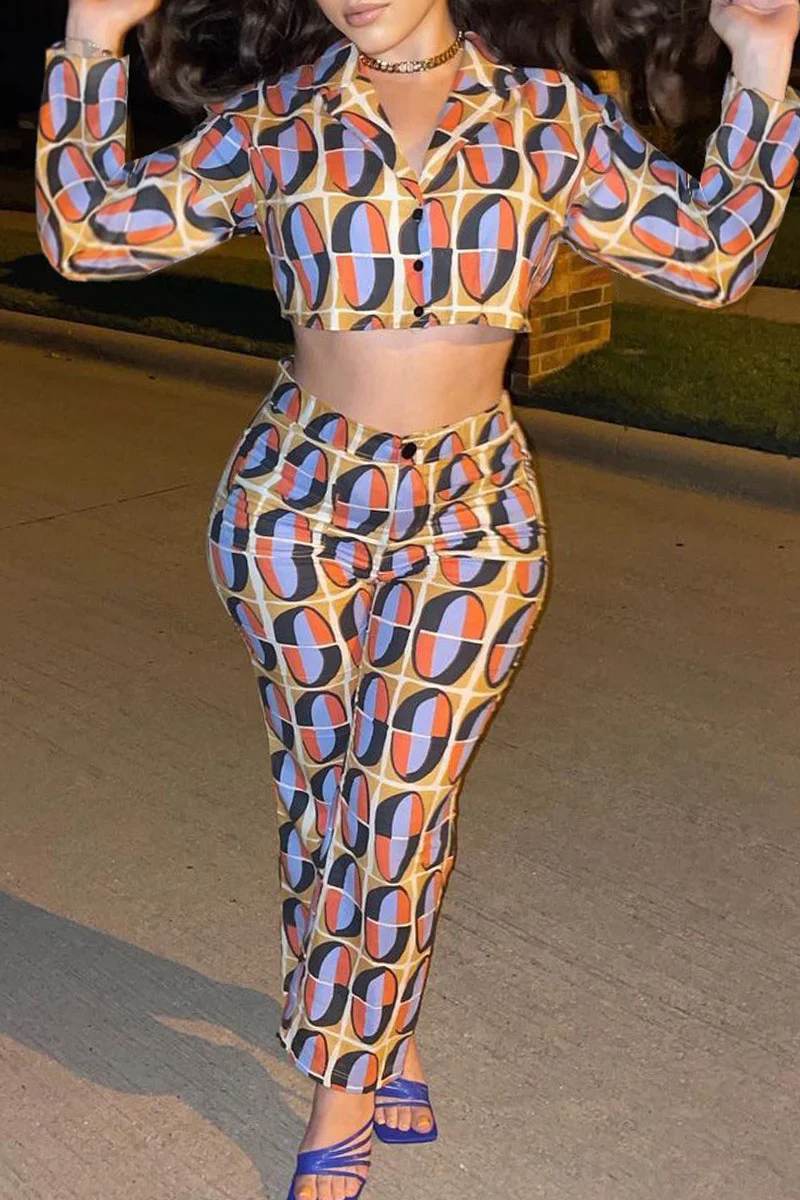 Multicolor Casual Print Patchwork Buckle Turndown Collar Long Sleeve Two Pieces | EGEMISS