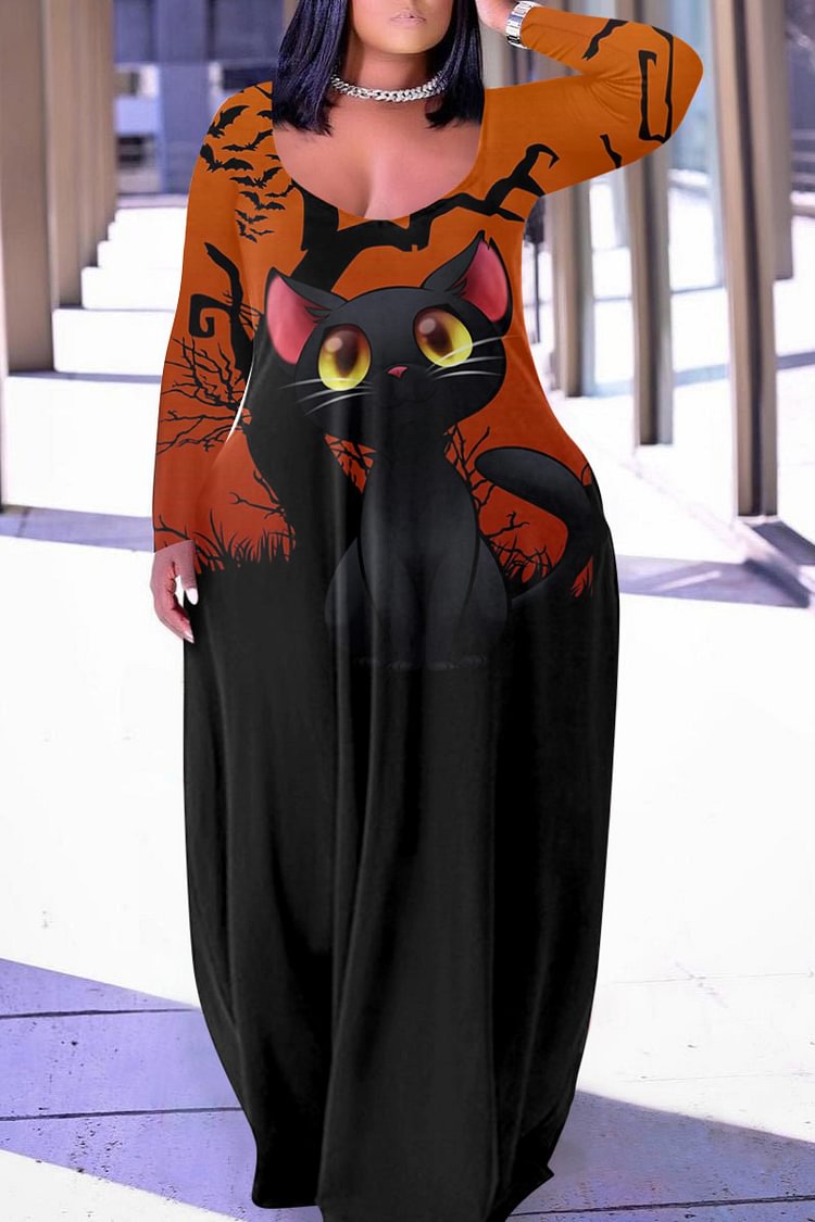 Xpluswear Plus Size Halloween Black Cat Print U Neck Long Sleeves Loose Maxi Dress [Pre-Order]