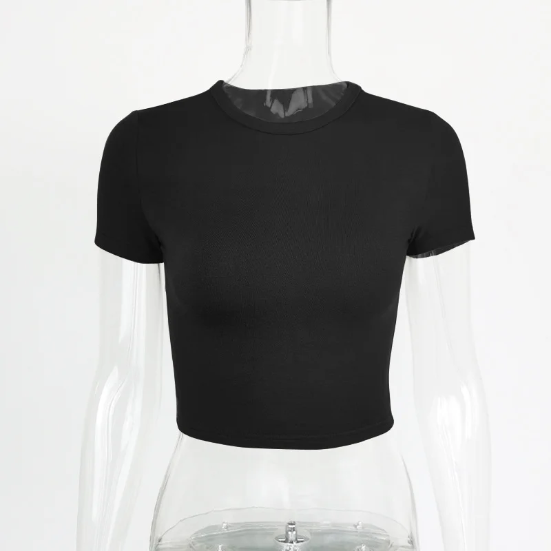 Uveng Uveng Fashion Solid Color Short Crop Casual Jacket Elastic Slim Round Collar T Shirt Women