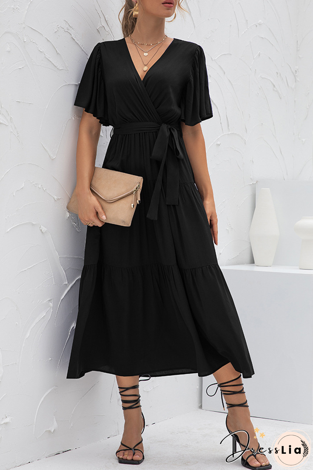 Elegant Solid Split Joint With Belt V Neck Cake Skirt Dresses(4 Colors)
