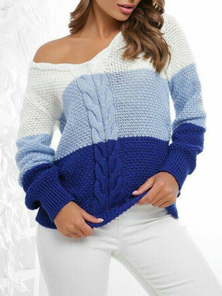 Contrast Color Cable Long Sleeve V-neck Knit Sweater