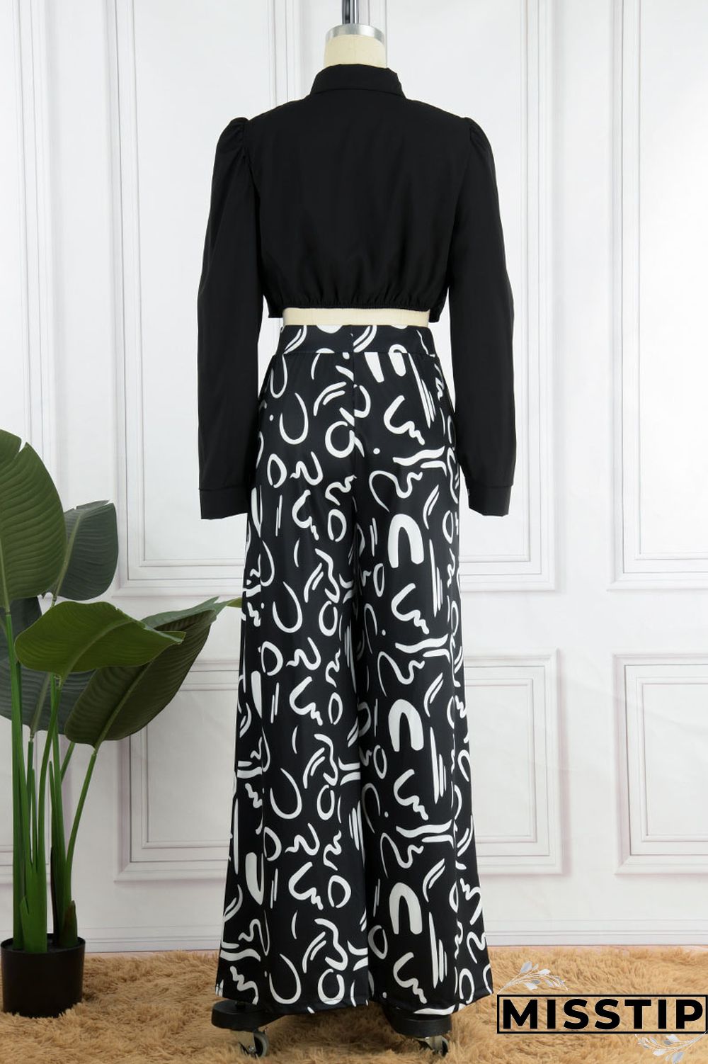 White Casual Print Patchwork Turndown Collar Long Sleeve Two Pieces