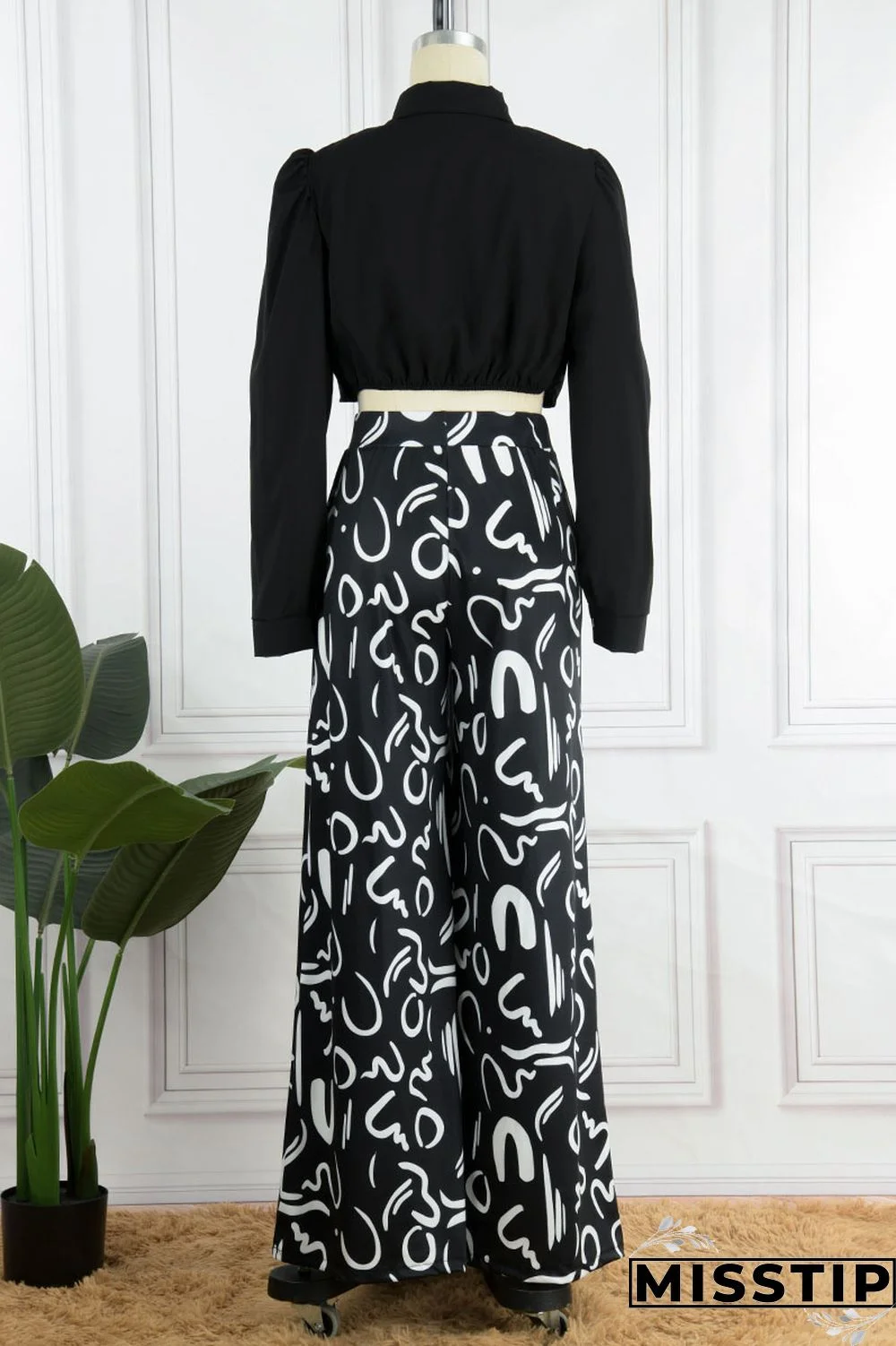 White Casual Print Patchwork Turndown Collar Long Sleeve Two Pieces