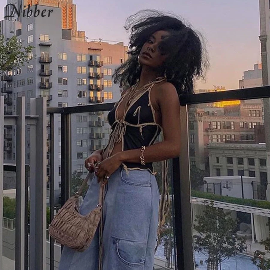 Nibber sexy black mesh low cut crop tops camisole women club party night wear goddess Patchwork design pleated tank tops female