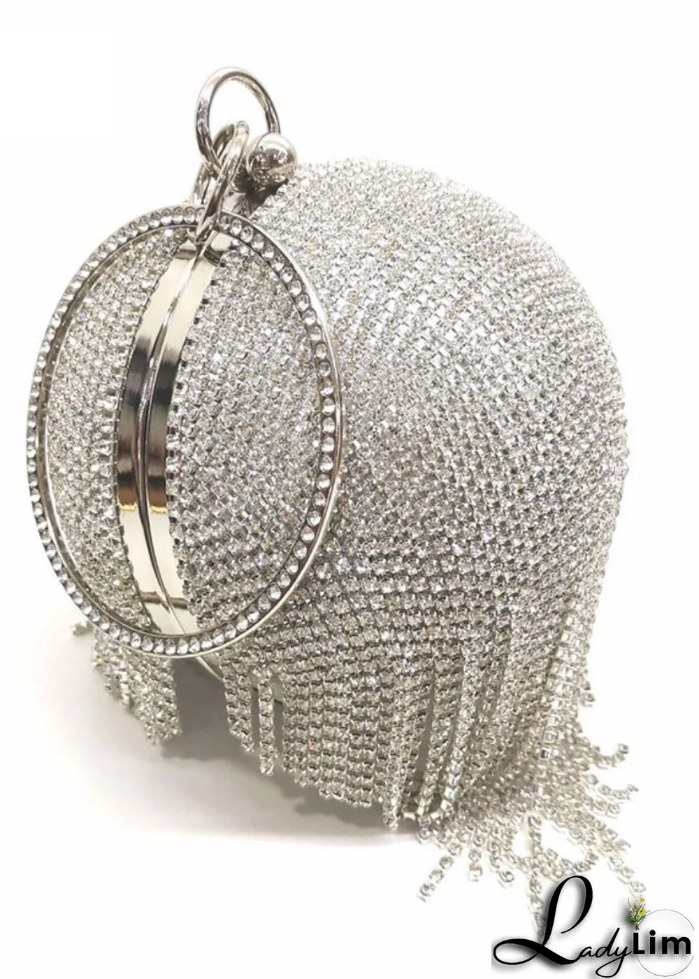 Women Elegant Silver Evening Dinner Tassels Rhinestone Ball Handbag