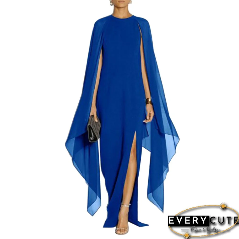 Blue Crepe Flared Sleeve Bodycon Maxi Dress