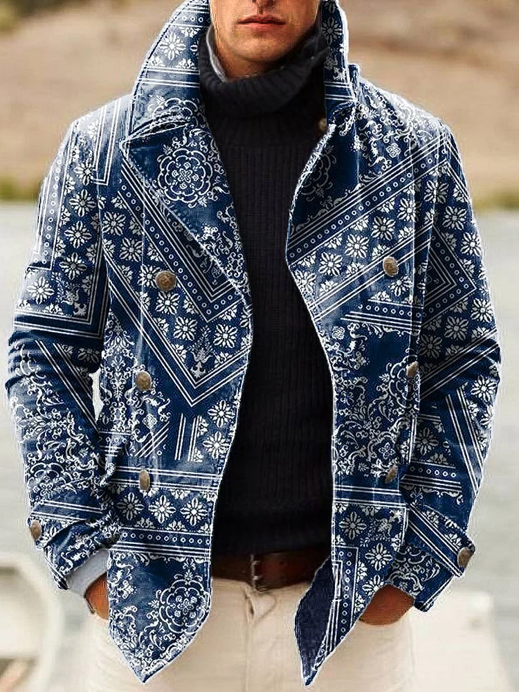 Gentleman Vintage Ethnic Floral Art Print Lapel Double Breasted Jacket