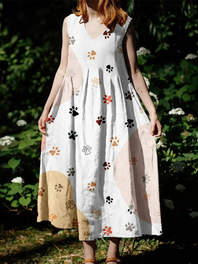 Pastel Color Dog Paws Pattern Linen Maxi Dress