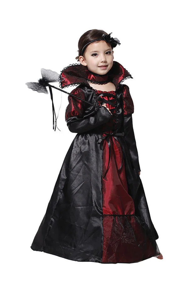 Girls Long Sleeve Gorgeous Dress Halloween Kids Vampire Costume Black-elleschic