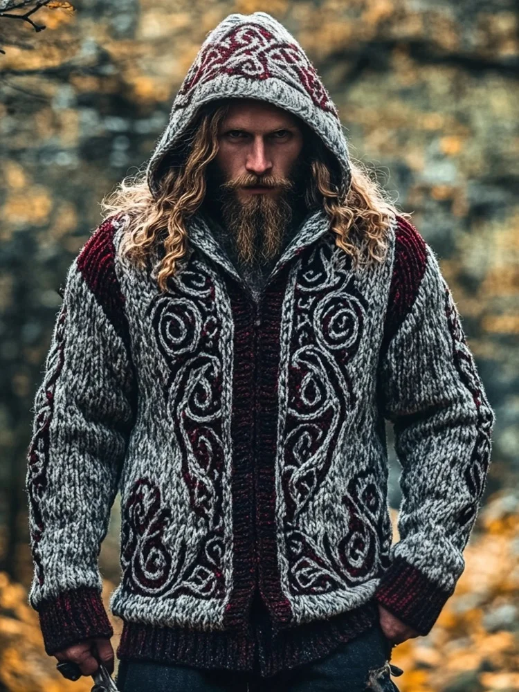 Men's Viking Inspired Embroidered Cozy Chunky Hooded Cardigan