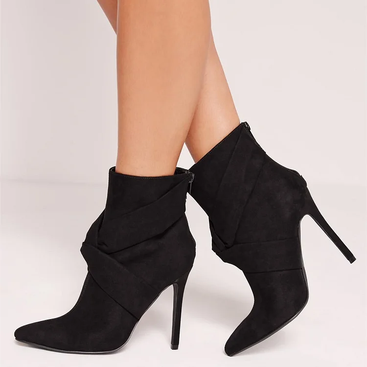 Suede Black Stiletto Ankle Boots with Classy Pointy Toe and Lapel Vdcoo