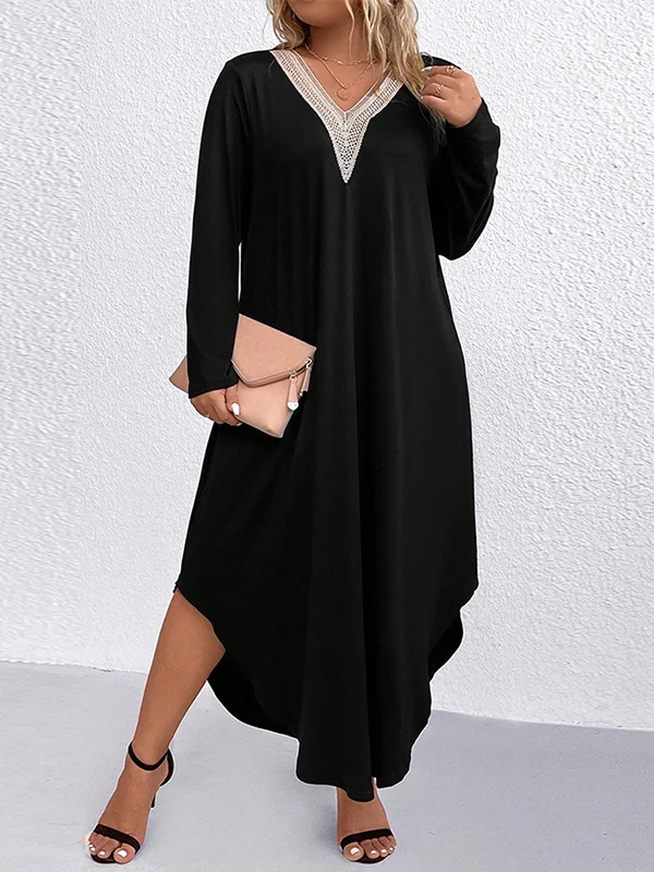 Split-Joint Long Sleeves Loose V-Neck Maxi Dresses