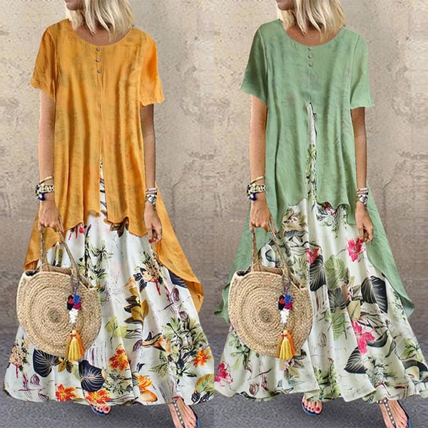 Women Summer Maxi Sundress Kaftan Flare Short Sleeve Ladies Floral Dress - Shop Trendy Women's Fashion | TeeYours