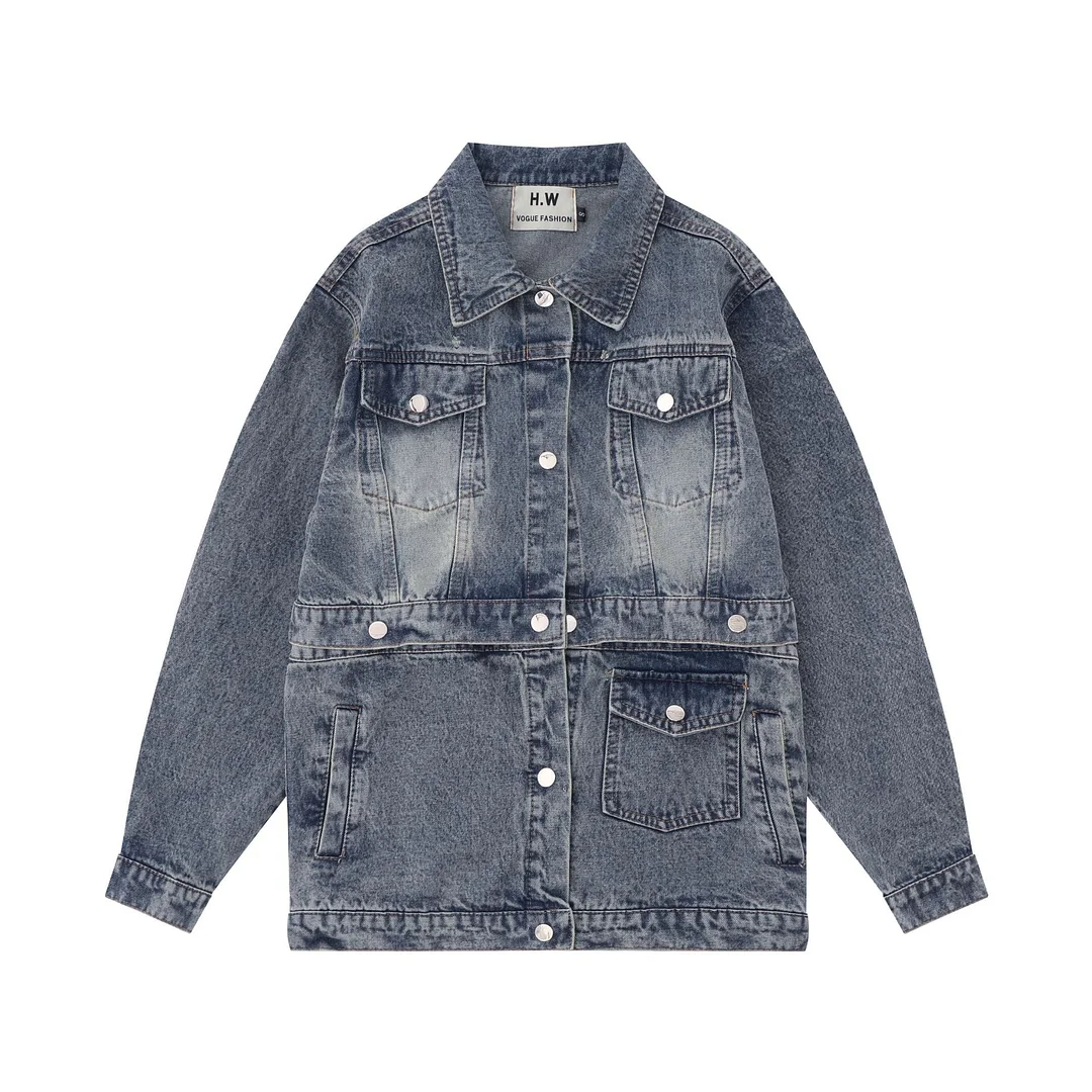 Women's Vintage Street Wash Old Denim Jacket Multi-pocket Cargo Jacket