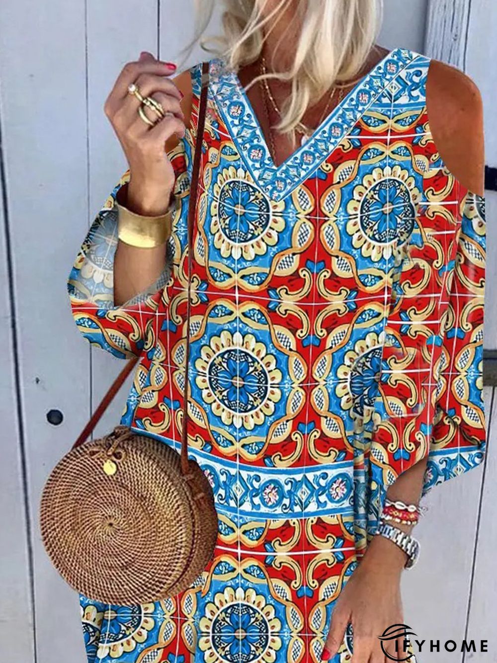 Ethnic Casual Vacation V Neck Three Quarter Cold Shoulder Loose Dress | IFYHOME