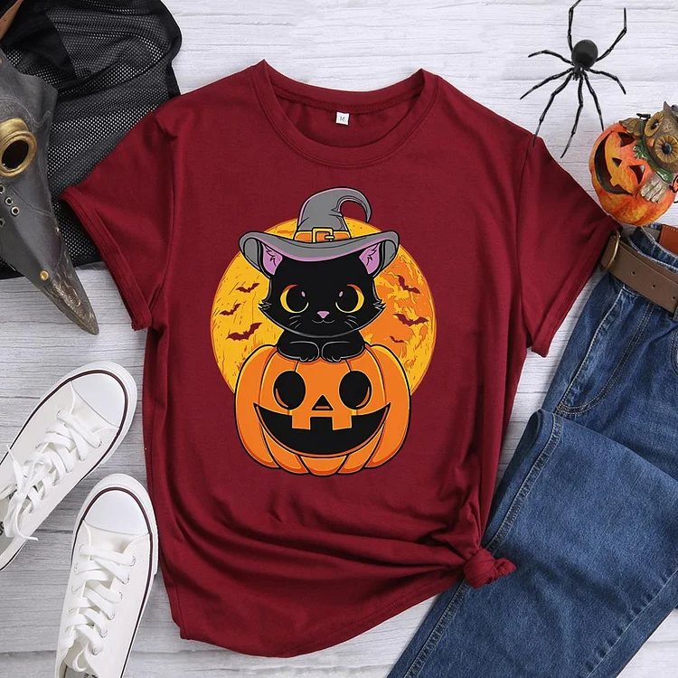 Halloween Cat Pumpkin Round Neck T-shirt-0019311