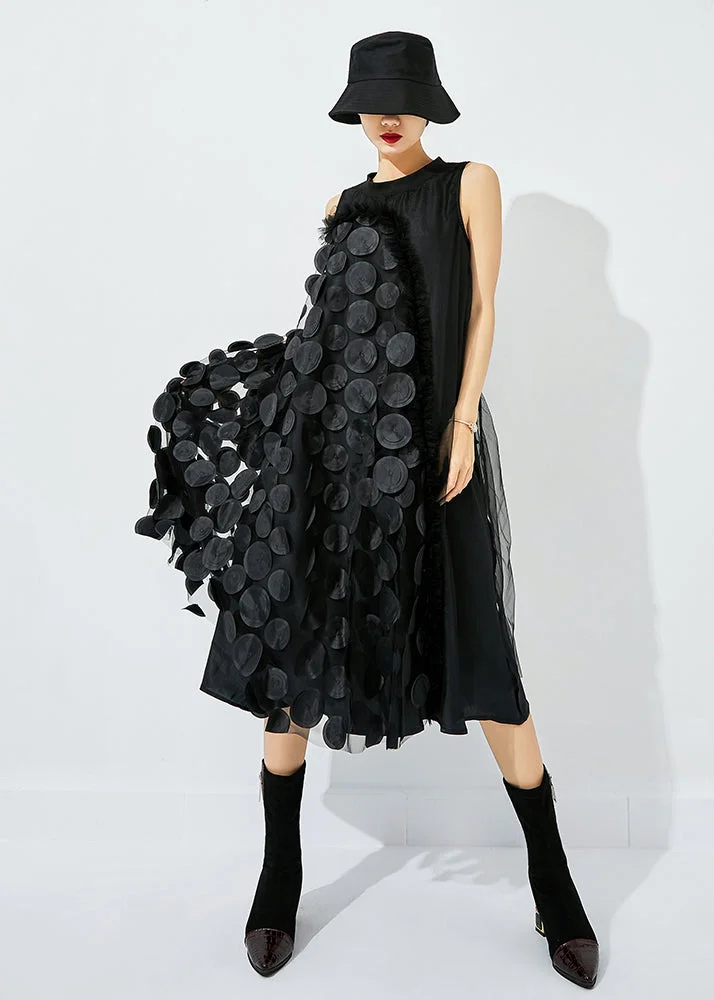 Bohemian Black Asymmetrica Patchwork Wrinkled Tulle Maxi Dress Sleeveless
