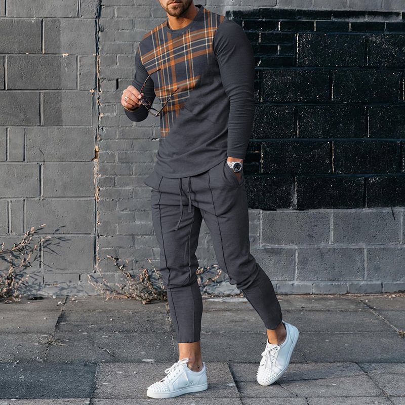 Men's Splicing Long Sleeve T-Shirt And Pants  Two Piece Set